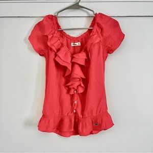 Women’s Hollister size XS elastic sleeve, ruffle button top in tangerine orange